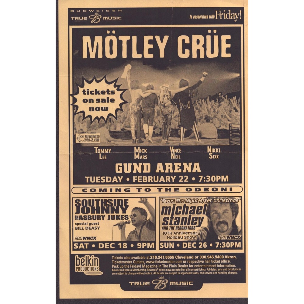 Motley Crue Southside Johnny Gund Arena Concert Flyer Vintage Cleveland Ad